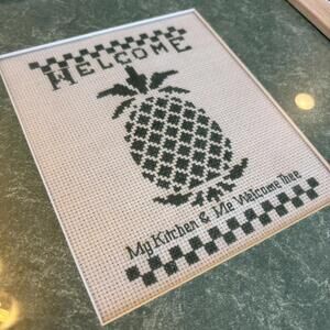 Handmade Cross Stitch Pineapple Framed Art "My Kitchen & Me Welcome Thee" Green